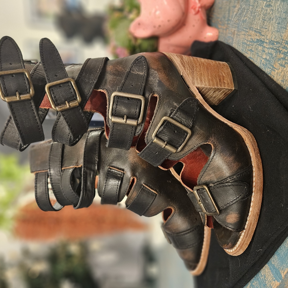 Strappy Black Leather Heeled Sandals